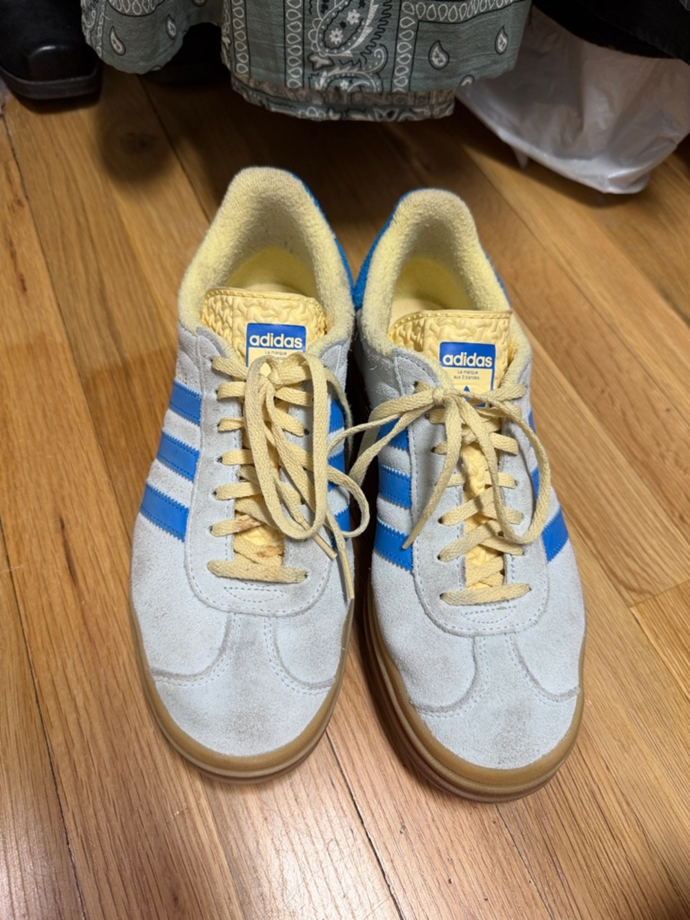 adidas Suede Sneakers in Light Gray with Blue Stripes and Yellow Accents